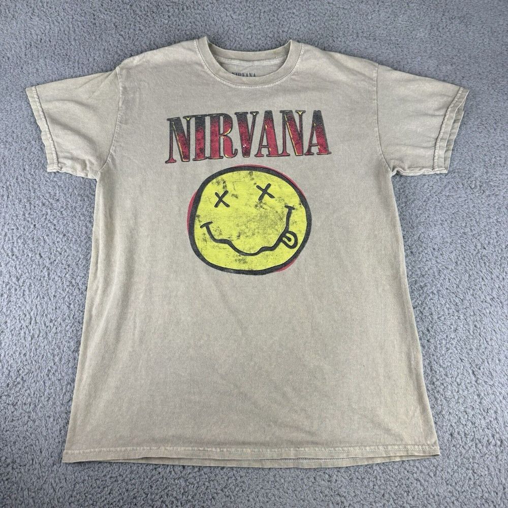 Nirvana Smiley Face Licensed t-shirt Adult Medium Beige Stone Wash Grunge